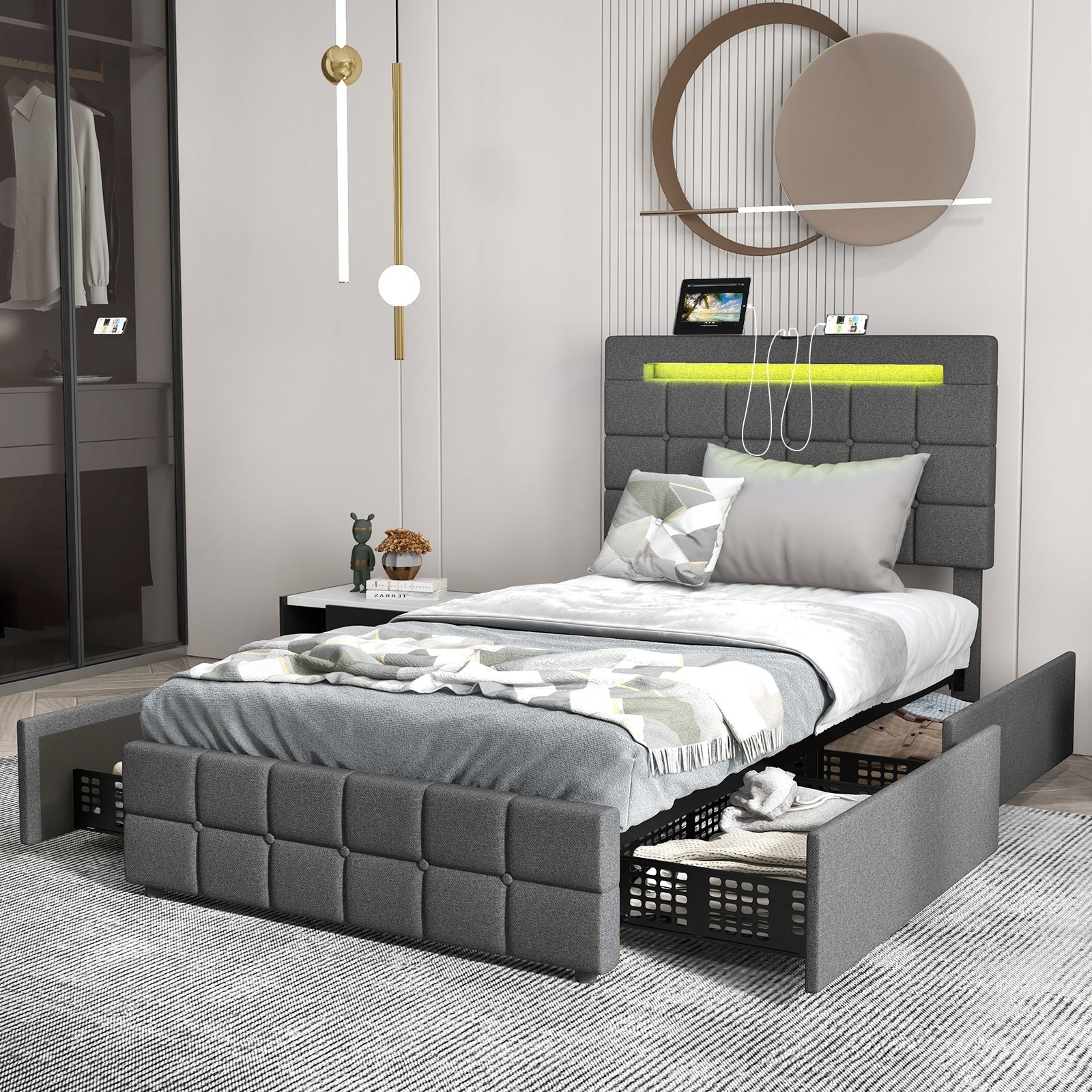 Upholstered LED Bed Frame with Headboard and 4 Drawers-Twin Size, Gray Simple Bed Frame at Gallery Canada
