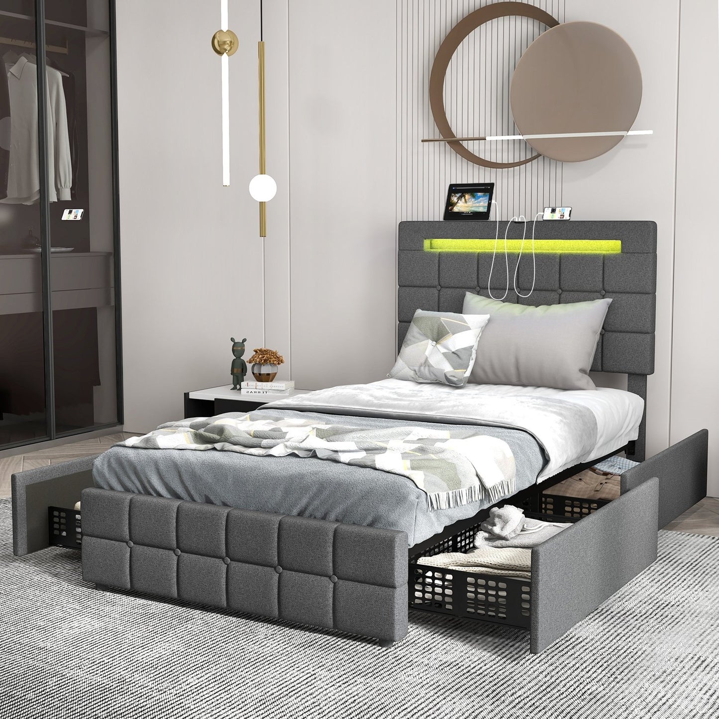 Upholstered LED Bed Frame with Headboard and 4 Drawers-Twin Size, Gray