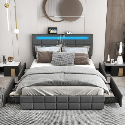Upholstered LED Bed Frame with Headboard and 4 Drawers-Full Size, Gray
