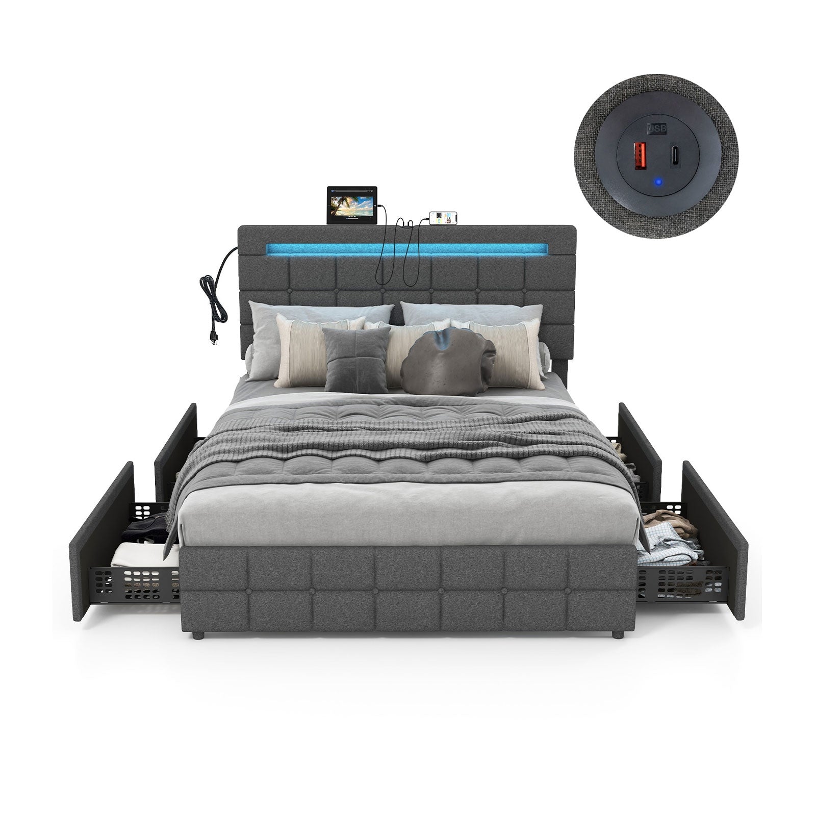 Upholstered LED Bed Frame with Headboard and 4 Drawers-Full Size, Gray Simple Bed Frame Full Size at Gallery Canada