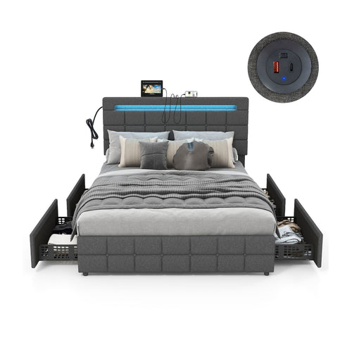 Upholstered LED Bed Frame with Headboard and 4 Drawers-Full Size, Gray