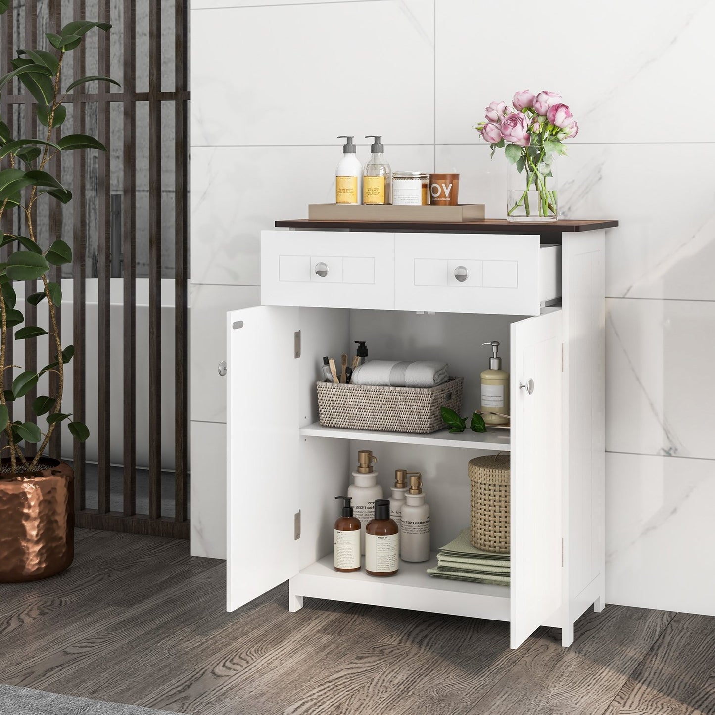 Freestanding Bathroom Floor Cabinet Storage Organizer with 2 Drawers, White