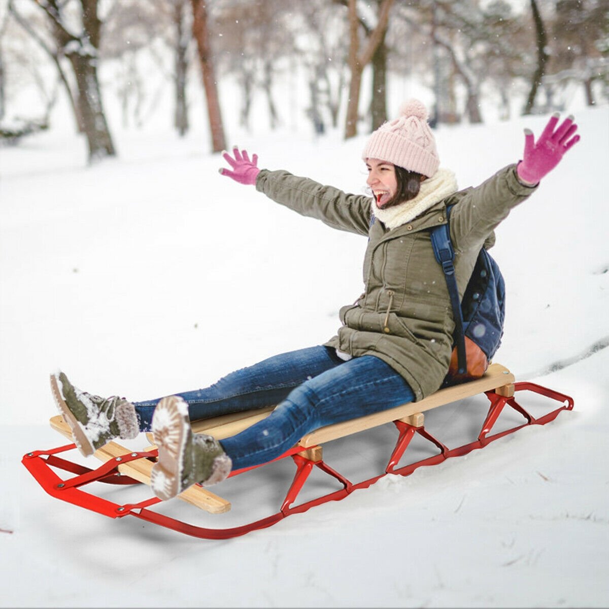 54 Inch Kids Wooden Snow Sled with Metal Runners and Steering Bar, Red