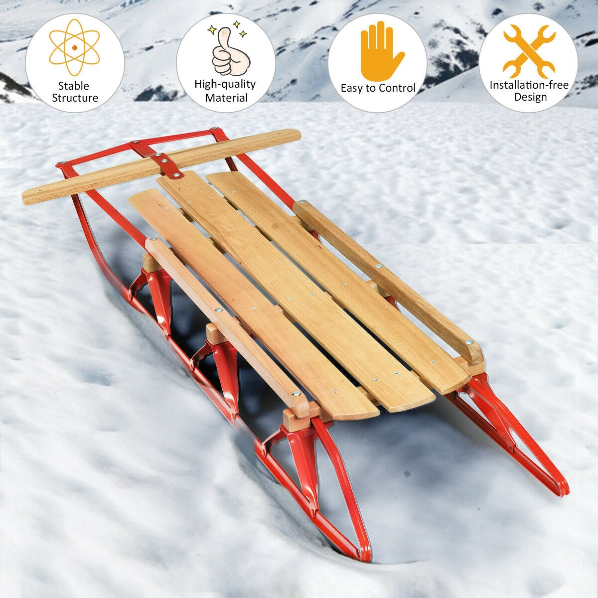 54 Inch Kids Wooden Snow Sled, Metal Runners, Steering Bar, Red Winter Sports & Activities at Gallery Canada