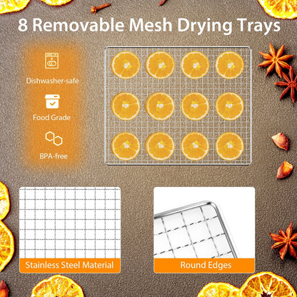Food Dehydrator with 8 Detachable Mesh Trays for Fruit Meats Vegetables, Silver