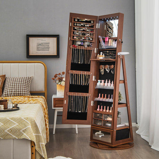 Lockable 360° Swivel Jewelry Cabinet, Full-Length Mirror LED Lights, Walnut Jewelry Armoires Walnut at Gallery Canada