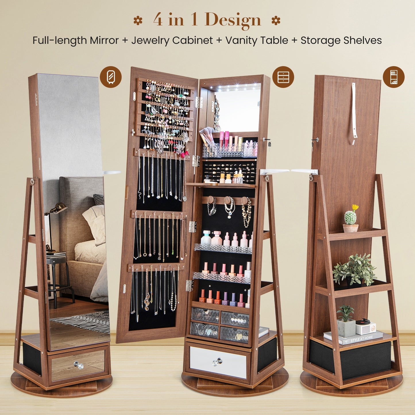 Lockable 360° Swivel Jewelry Cabinet, Full-Length Mirror LED Lights, Walnut Jewelry Armoires at Gallery Canada