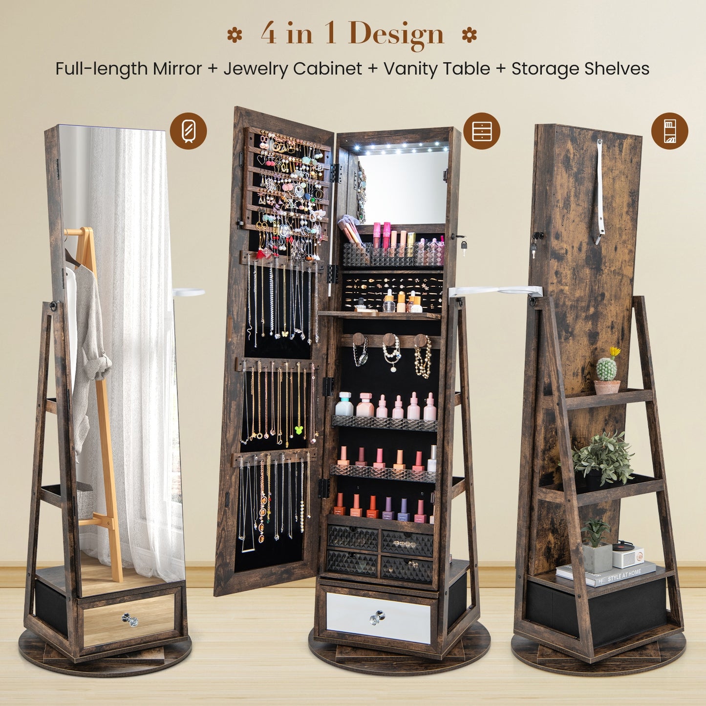 Lockable 360° Swivel Jewelry Cabinet with Full-Length Mirror LED Lights, Rustic Brown Jewelry Armoires at Gallery Canada
