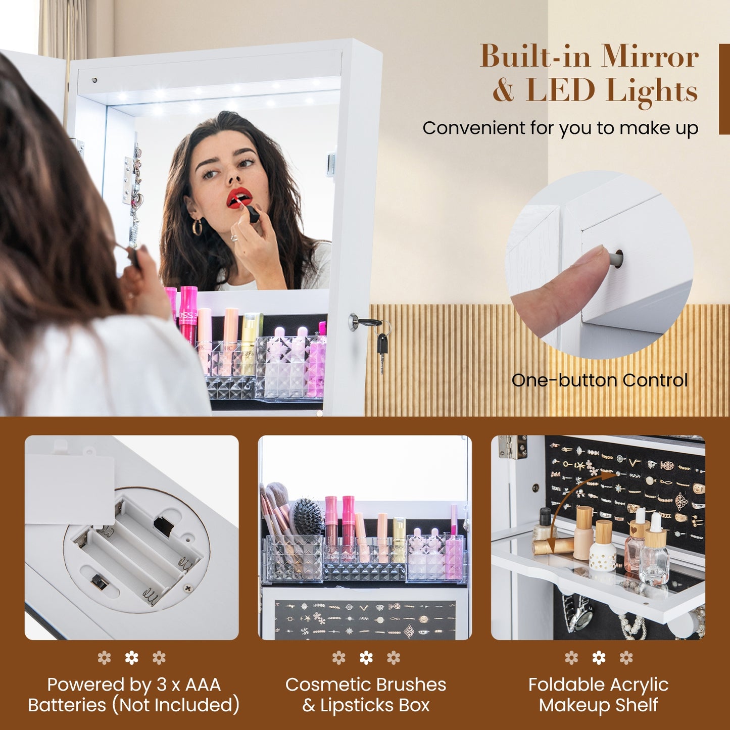 Lockable 360° Swivel Jewelry Cabinet with Full-Length Mirror LED Lights, White Jewelry Armoires at Gallery Canada