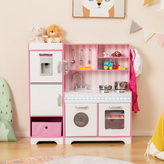 Kids Kitchen Playset Wooden Toy with Adjustable LED Lights and Washing Machine, Pink Play Kitchen Sets Pink at Gallery Canada