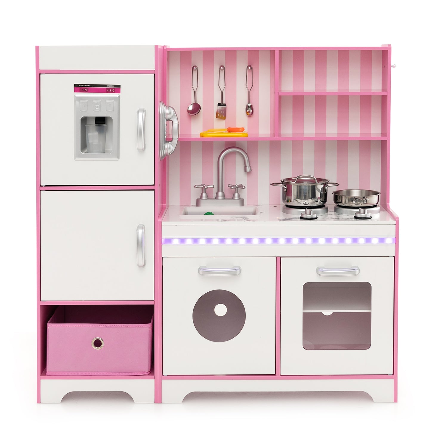 Kids Kitchen Playset Wooden Toy with Adjustable LED Lights and Washing Machine, Pink Play Kitchen Sets at Gallery Canada