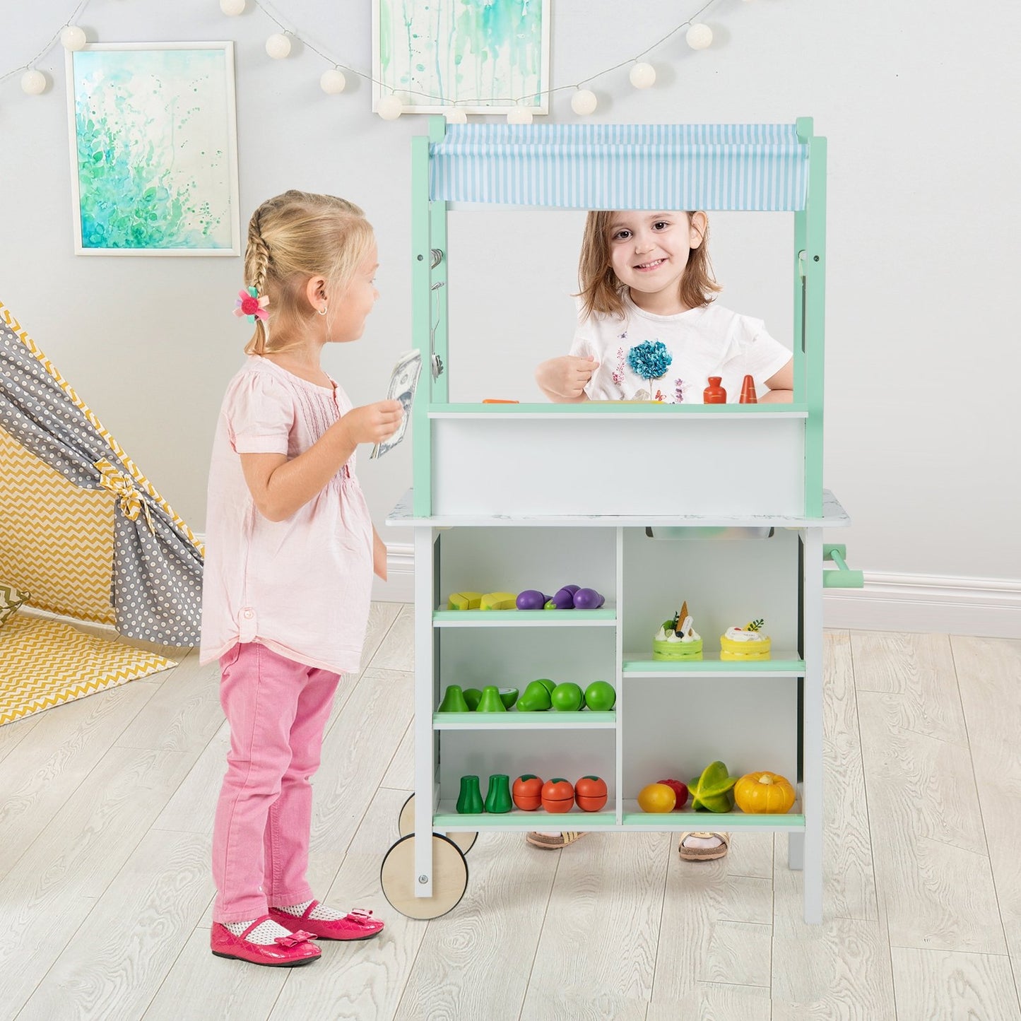 Double-sided Pretend Play Kitchen with Remote Control and LED Light Bars, Green