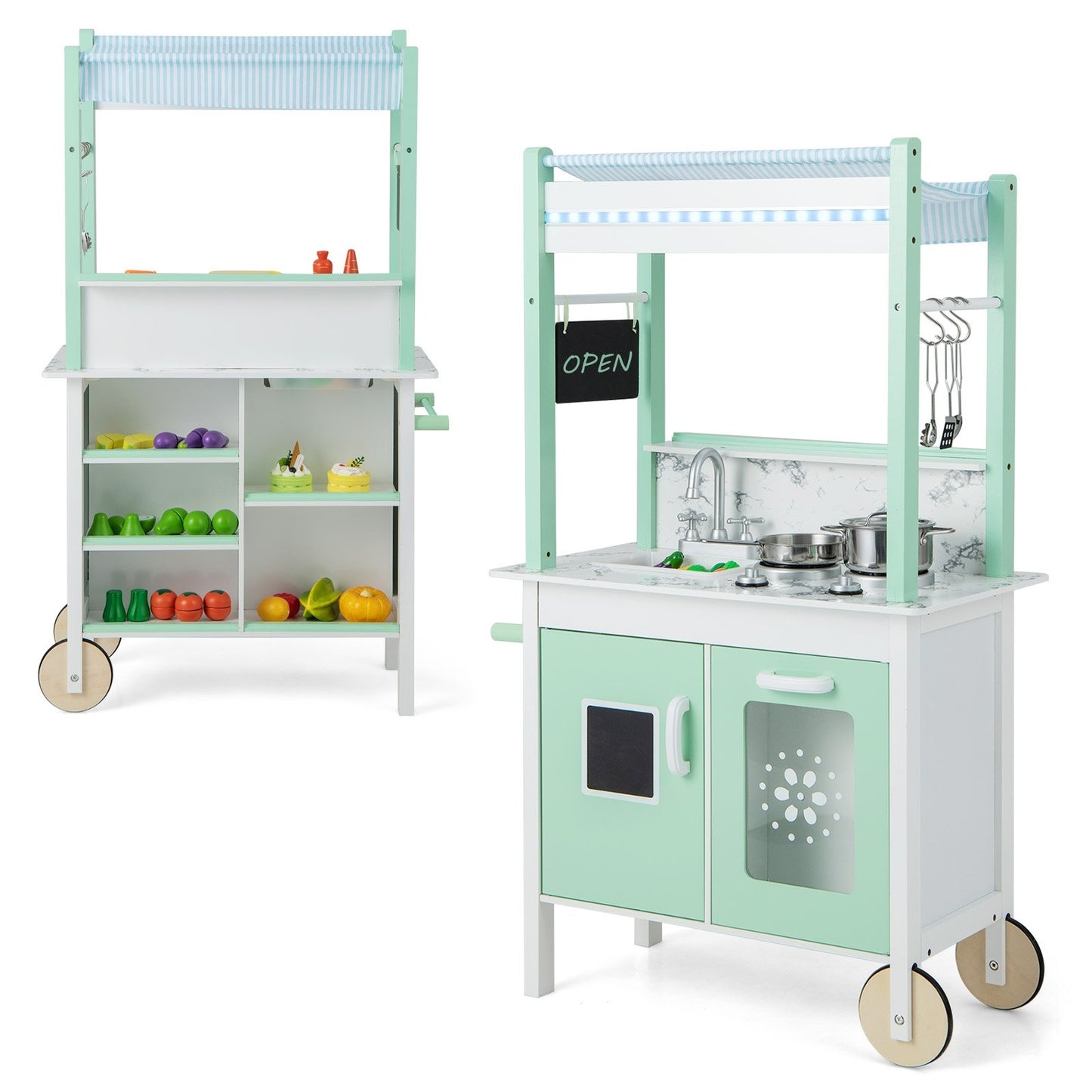 Double-sided Pretend Play Kitchen with Remote Control and LED Light Bars, Green