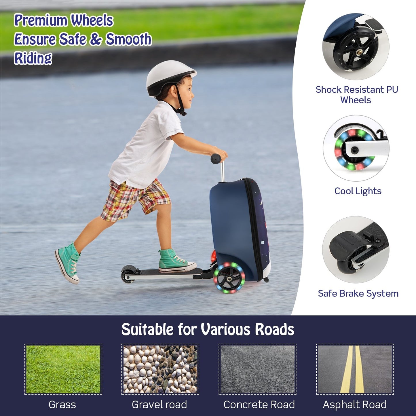 Hardshell Ride-on Suitcase Scooter with LED Flashing Wheels, Navy at Gallery Canada