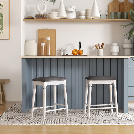 24 Inch Bar Stool Set, 2 Padded Seat Cushions, Wood Legs