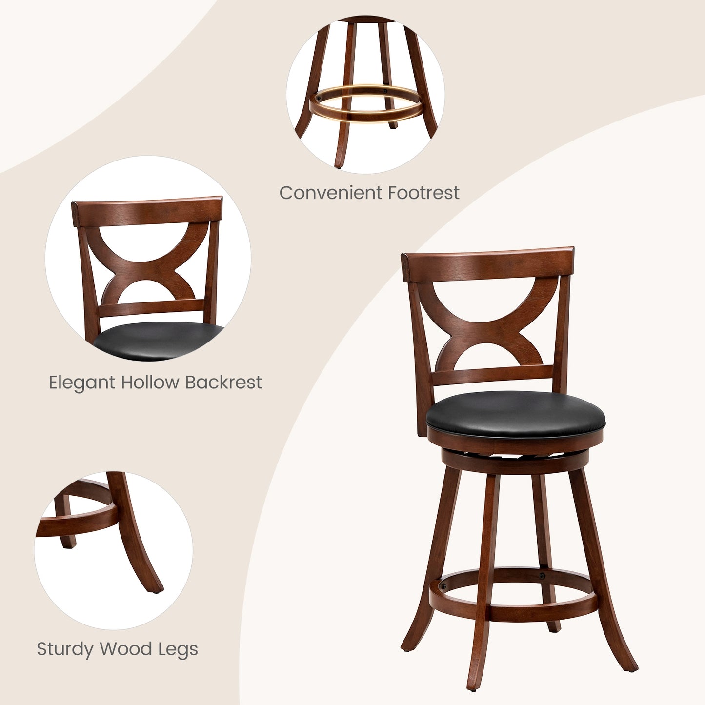 24 Inch Swivel Bar Stools Set of 2 with Soft Cushion and Elegant Hollow Backrest, Rustic Brown Bar Stools at Gallery Canada