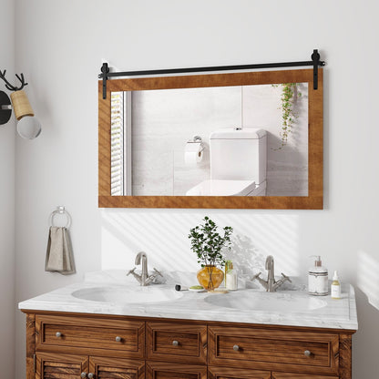 40 Inch x 26 Inch Rectangle Barn Door Style Wall Mounted Mirror with Solid Wood Frame and Metal Bracket, Brown