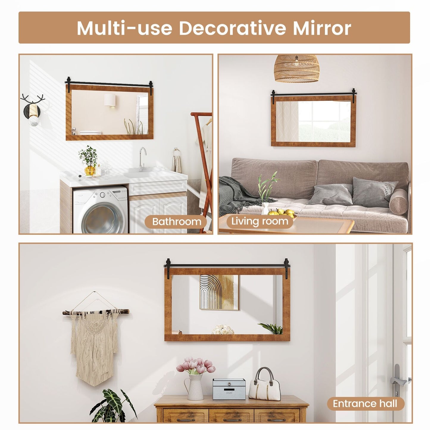 40 Inch x 26 Inch Rectangle Barn Door Mirror, Solid Wood Frame, Brown Wall Mirrors at Gallery Canada