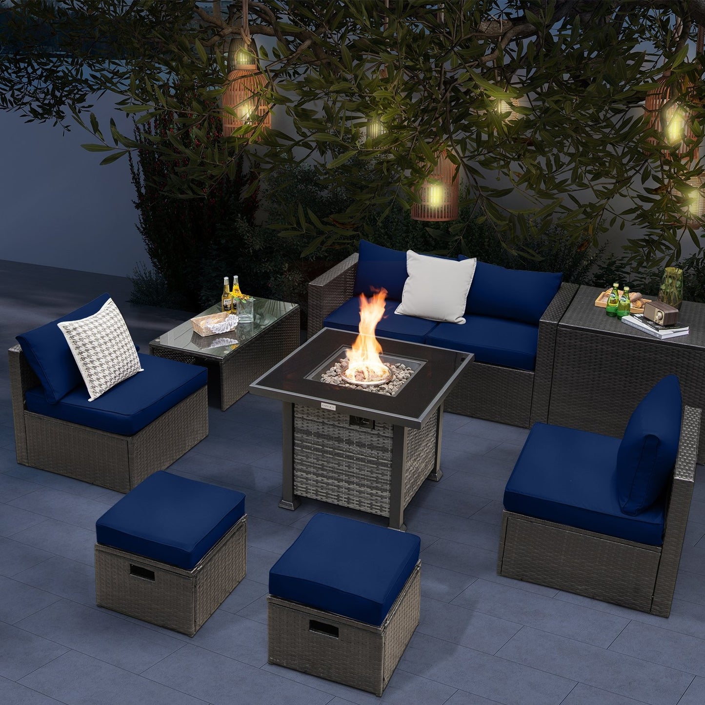 Outdoor 9 Pieces Patio Furniture Set with 50 000 BTU Propane Fire Pit Table, Navy