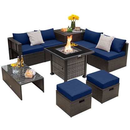 Outdoor 9 Pieces Patio Furniture Set with 50 000 BTU Propane Fire Pit Table, Navy