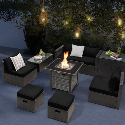 Outdoor 9 Pieces Patio Furniture Set with 50 000 BTU Propane Fire Pit Table, Black