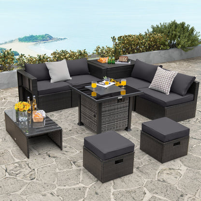 Outdoor 9 Pieces Patio Furniture Set with 50 000 BTU Propane Fire Pit Table, Gray