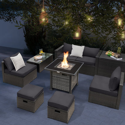 Outdoor 9 Pieces Patio Furniture Set with 50 000 BTU Propane Fire Pit Table, Gray