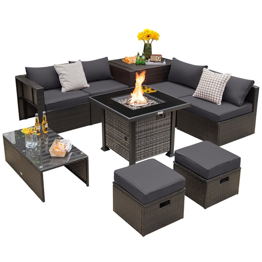 Outdoor 9 Pieces Patio Furniture Set with 50 000 BTU Propane Fire Pit Table, Gray at Gallery Canada
