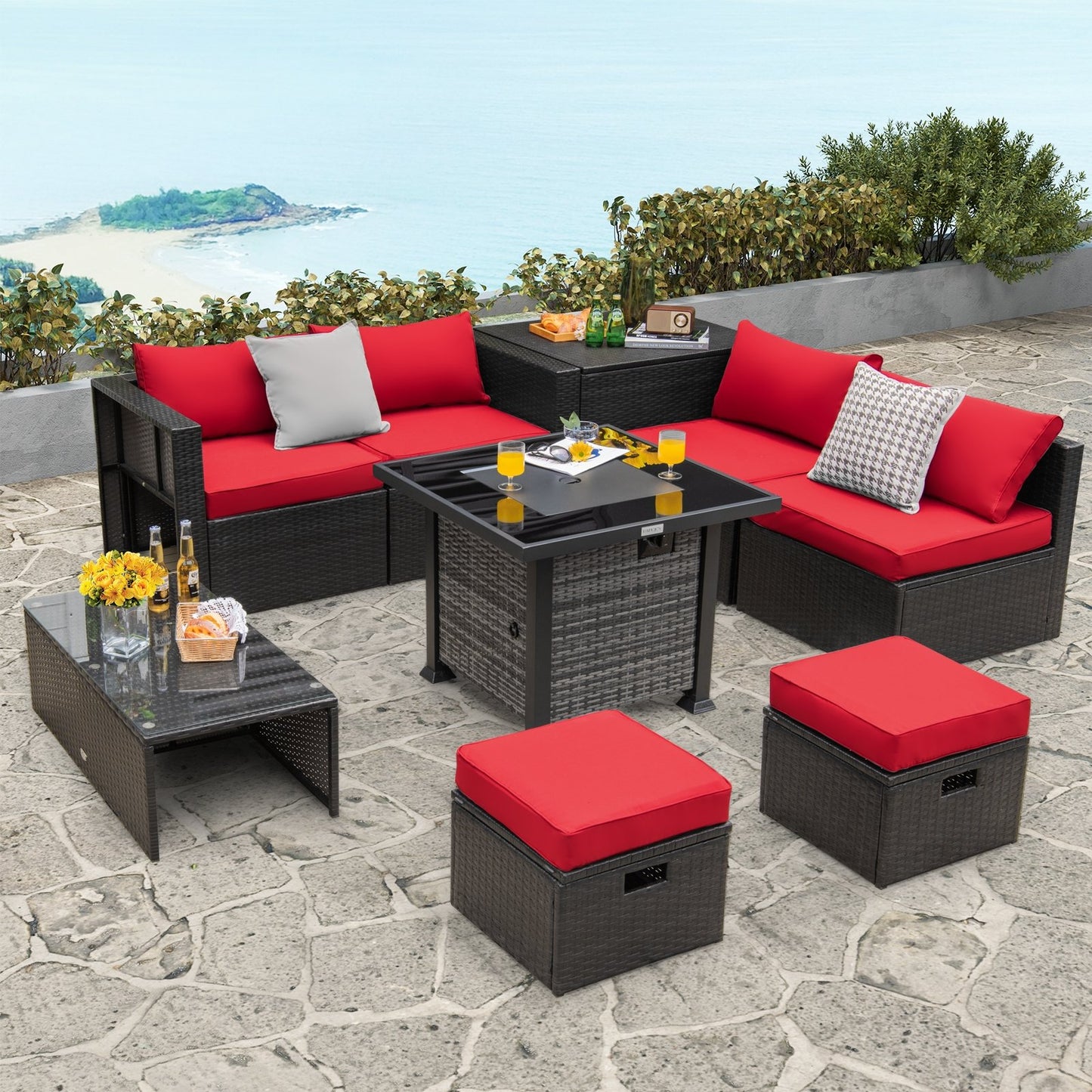 Outdoor 9 Pieces Patio Furniture Set with 50 000 BTU Propane Fire Pit Table, Red