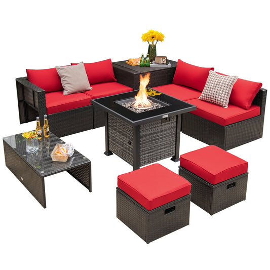 Outdoor 9 Pieces Patio Furniture Set with 50 000 BTU Propane Fire Pit Table, Red