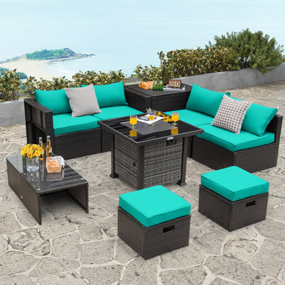 Outdoor 9 Pieces Patio Furniture Set with 50 000 BTU Propane Fire Pit Table, Turquoise