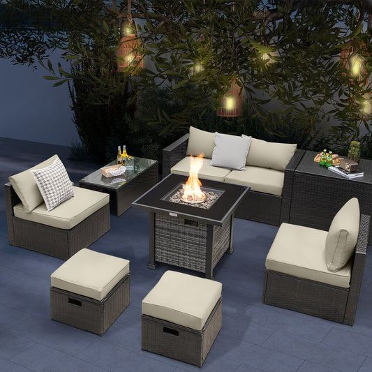 9 Piece Patio Furniture Set, 50 000 BTU Propane Fire Pit Table, Off White Patio Conversation Sets Off White at Gallery Canada