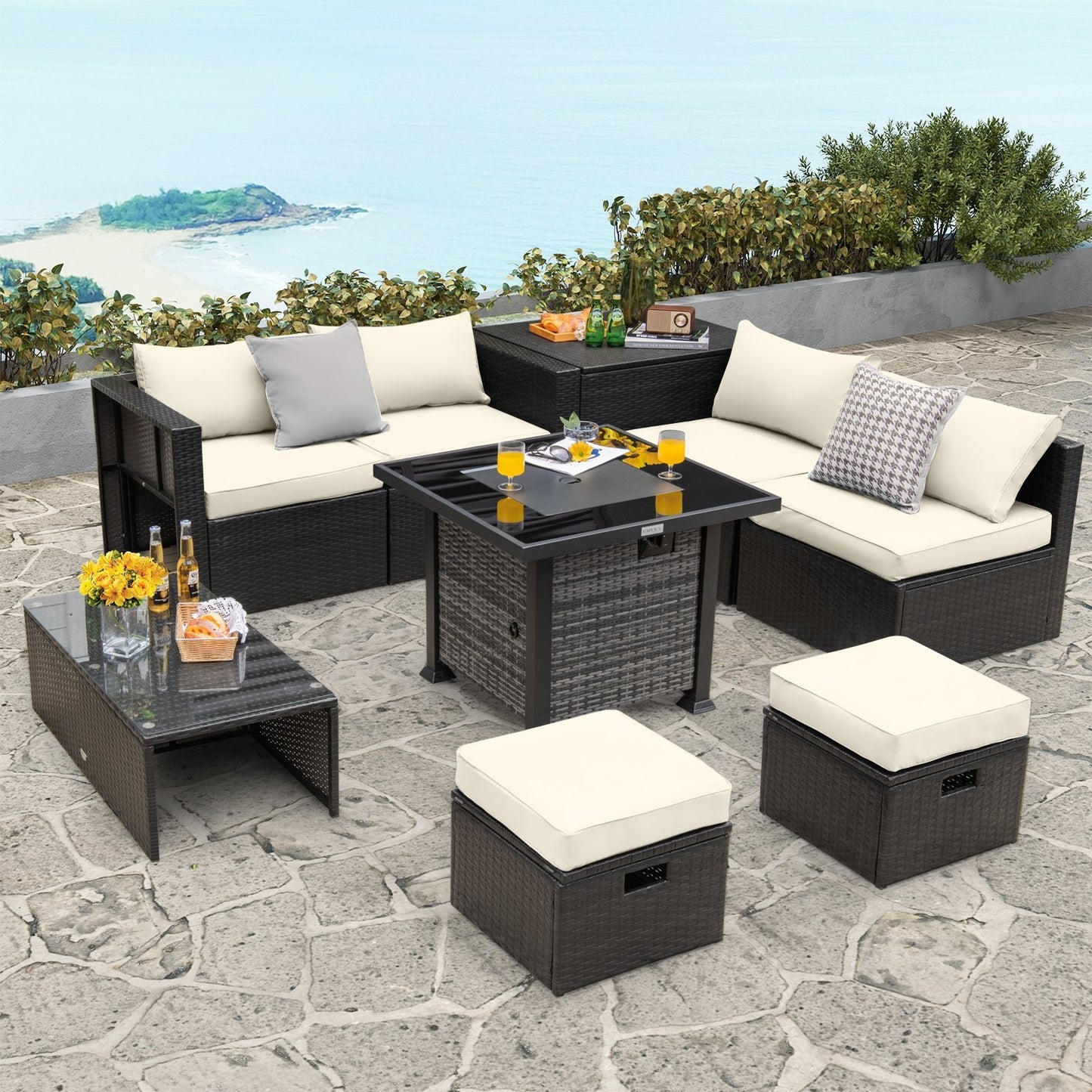 Outdoor 9 Pieces Patio Furniture Set with 50 000 BTU Propane Fire Pit Table, Off White