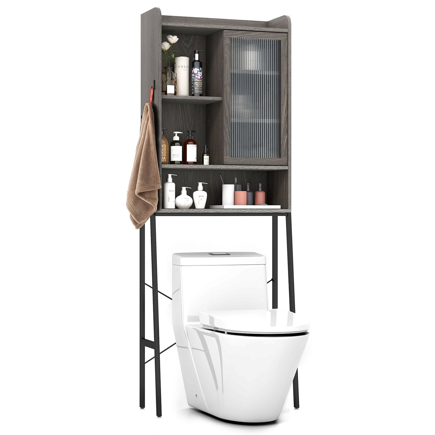 Over the Toilet Storage Cabinet with Sliding Acrylic Door and Adjustable Shelves, Gray