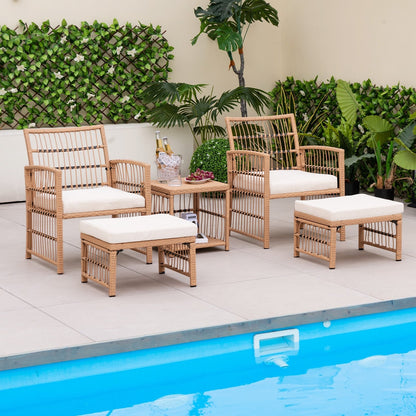 5 Piece Patio Wicker Sofa Set with Seat and Back Cushions, Natural