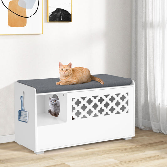 Cat Litter Box Enclosure with Removable Cushion and Front Open Door, White Cat Houses White at Gallery Canada