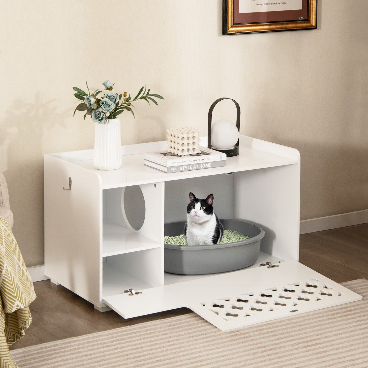 Cat Litter Box Enclosure with Removable Cushion and Front Open Door, White