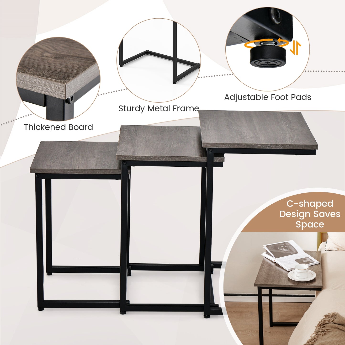 3 Pieces Multifunctional Coffee End Table Set, Oak End & Side Tables at Gallery Canada