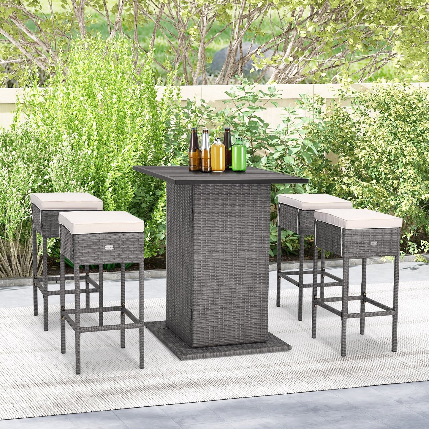 5 Pieces Outdoor Wicker Bar Table Set with Hidden Storage Shelves, Beige