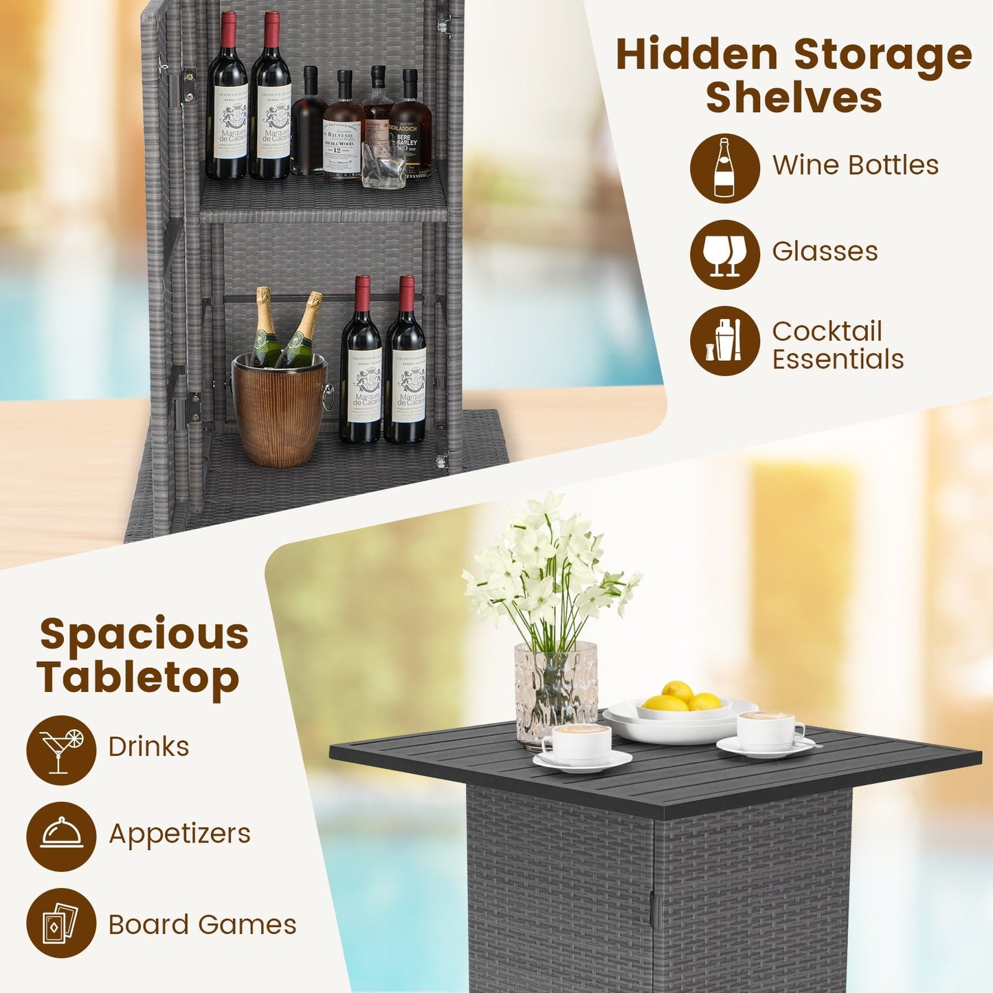 5 Pieces Outdoor Wicker Bar Table Set with Hidden Storage Shelves, Beige