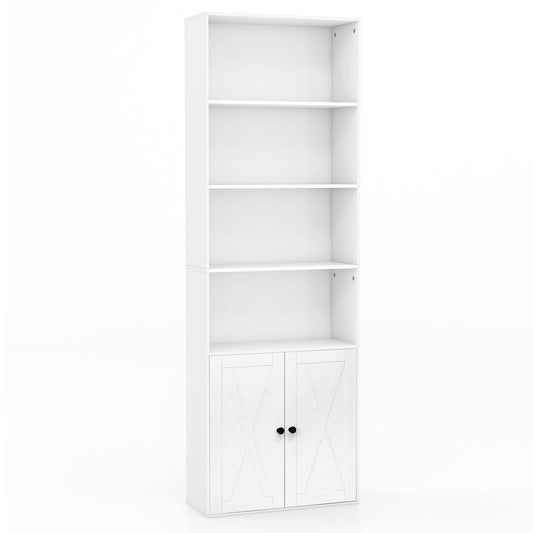 71 Inch Freestanding Bookshelf with 6 Shelves and 2-Door Cabinet, White