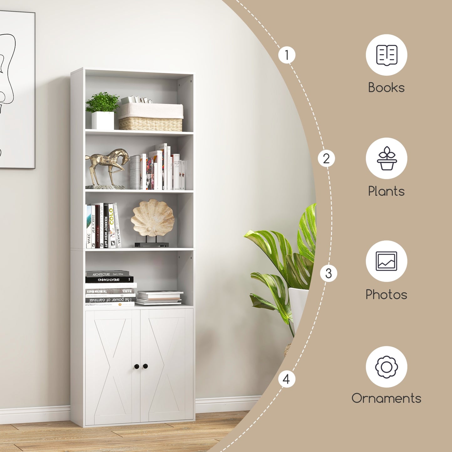 71 Inch Bookshelf, 6 Shelves, 2-Door Cabinet, White Bookcases at Gallery Canada