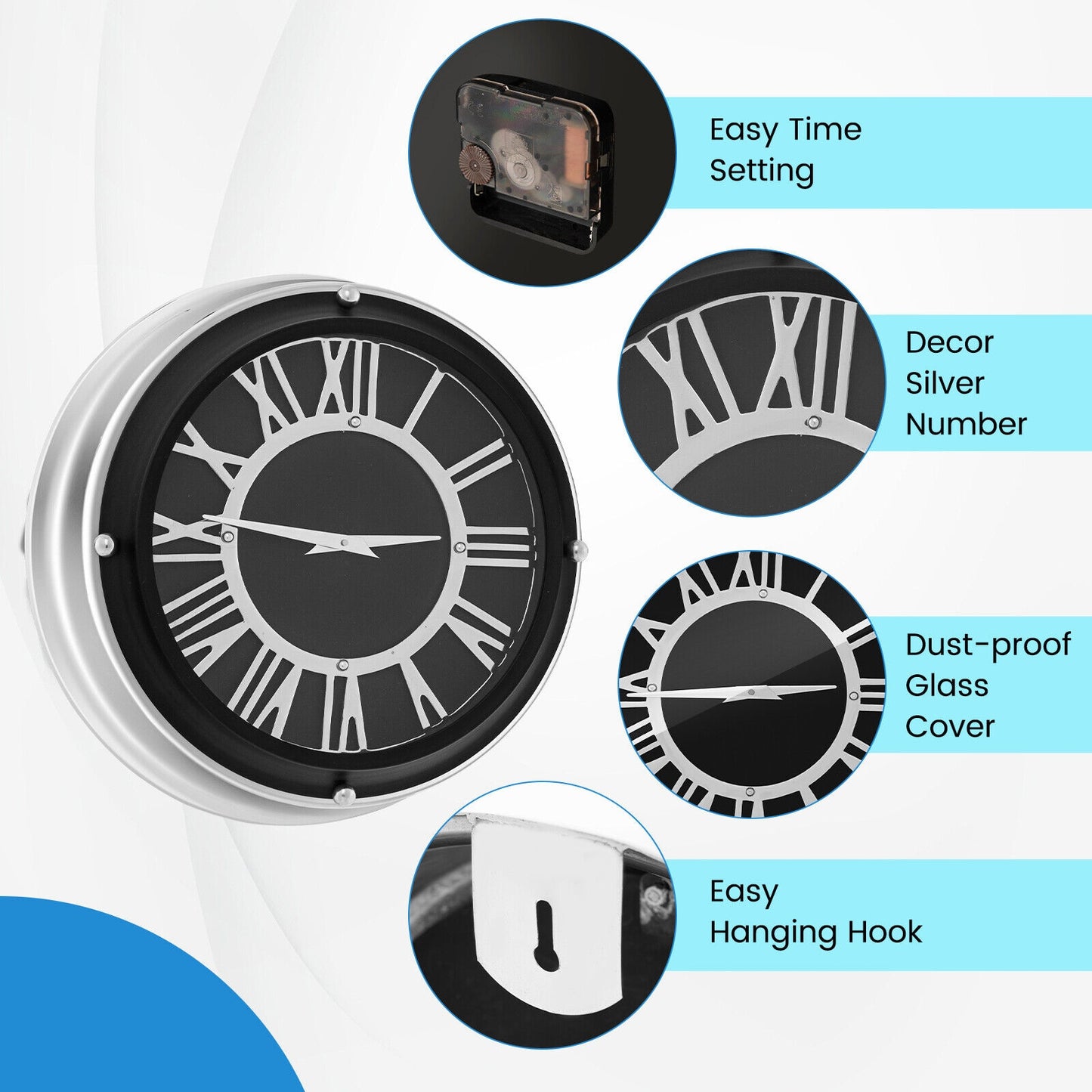 13.5/17.5 Inch Silent Wall Clock, Silver Frame-S, Black Decorative Accessories at Gallery Canada