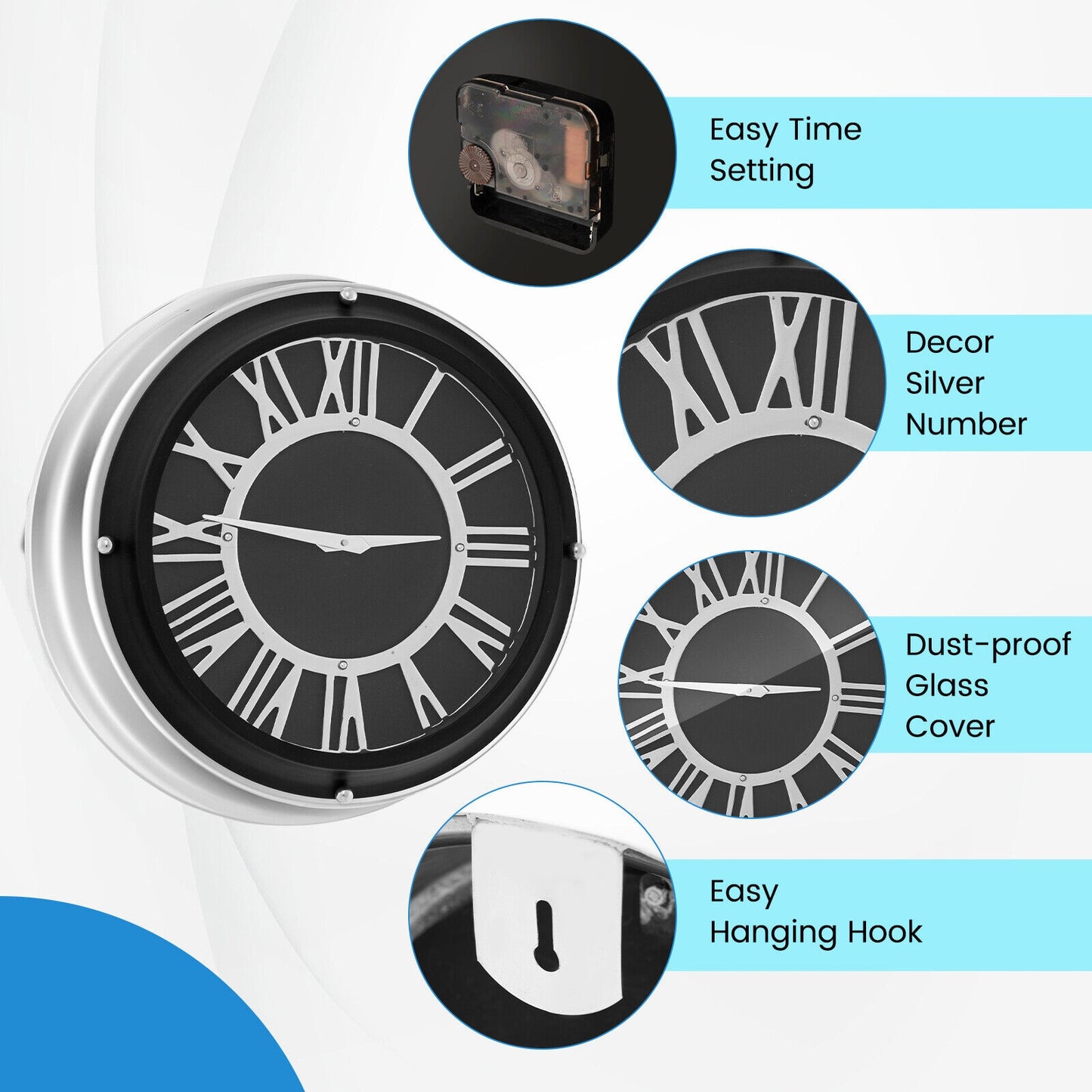 13.5/17.5 Inch Silent Wall Clock, Silver Frame, Black Decorative Accessories at Gallery Canada