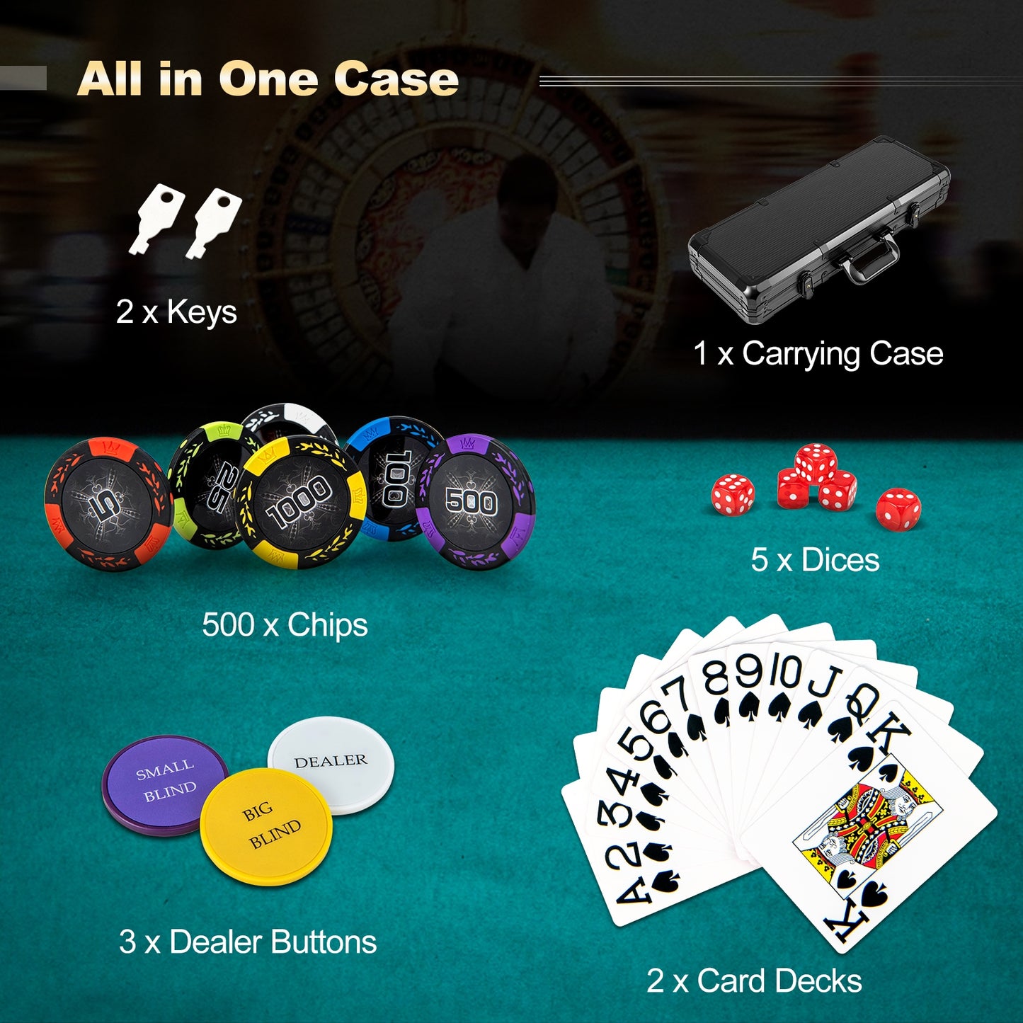 Jeu de jetons de poker de 14 grammes, noir