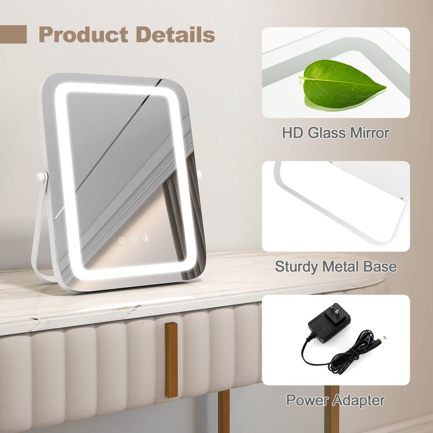 16 x 12 Inch Rectangular Vanity Mirror, 3 Color Dimmable Lighting, White Mirrors at Gallery Canada