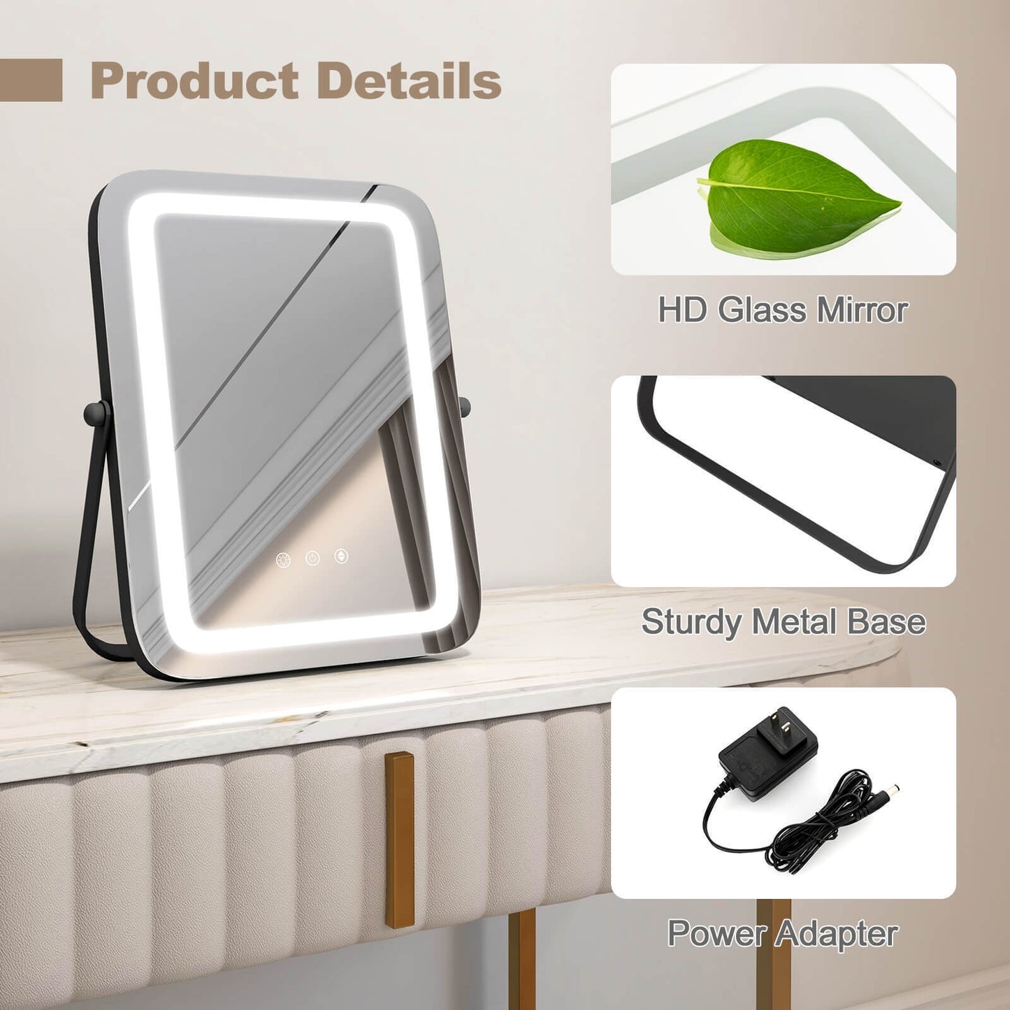 16 x 12 Inch Rectangular Vanity Mirror, 3 Color Dimmable Lighting, Black Mirrors at Gallery Canada
