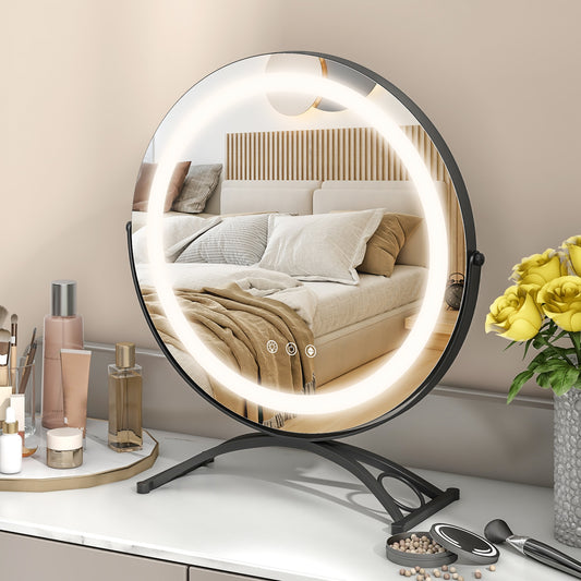 16 x 16 Inch Round LED Vanity Mirror, 3-Color Lighting, Brightness Dimming, Black