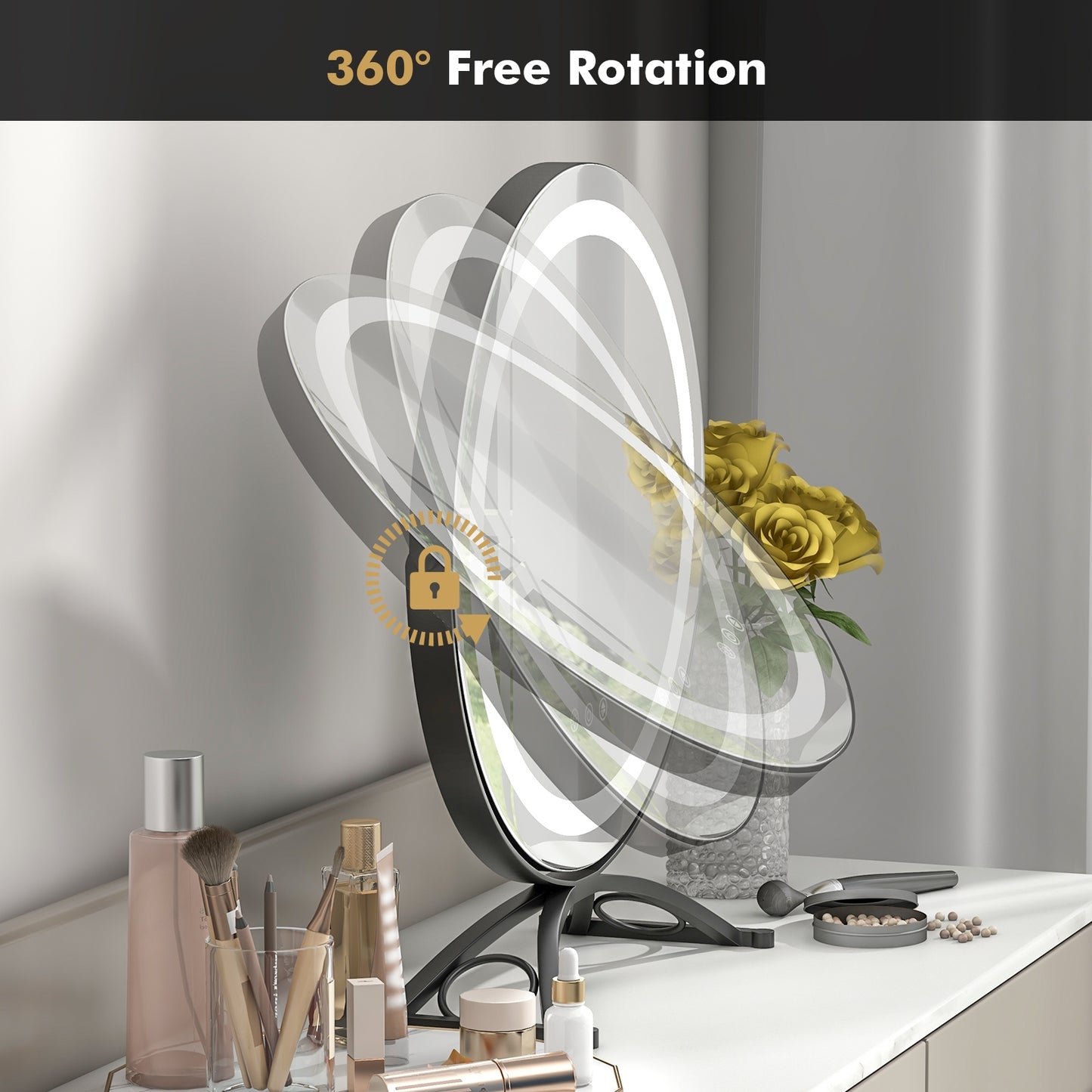 16 x 16 Inch Round LED Vanity Mirror, 3-Color Lighting, Brightness Dimming, Black Makeup Vanities at Gallery Canada