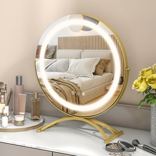 16 x 16 Inch Round LED Vanity Mirror with 3-Color Lighting and Brightness Dimming, Golden Makeup Vanities Golden at Gallery Canada